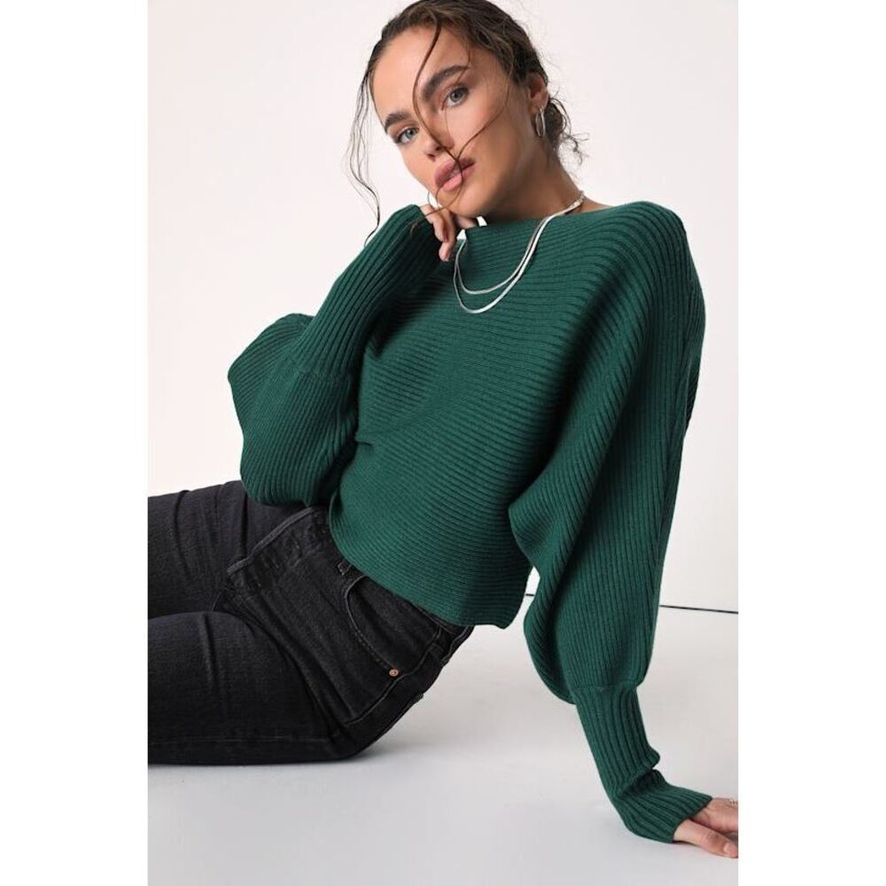 Lulus Classically Cozy Dark Green Ribbed Dolman Sleeve Cropped Sweater - Size L